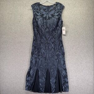 Alex Evenings Dress Womens 10P Vintage Blue Embroidered Mesh Sheath Midi Formal